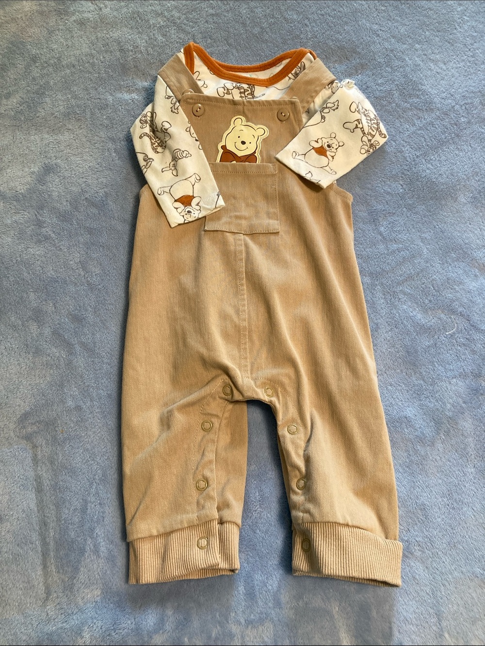 Disney Baby Beige Corduroy Overalls Set with Pooh Print Bodysuit